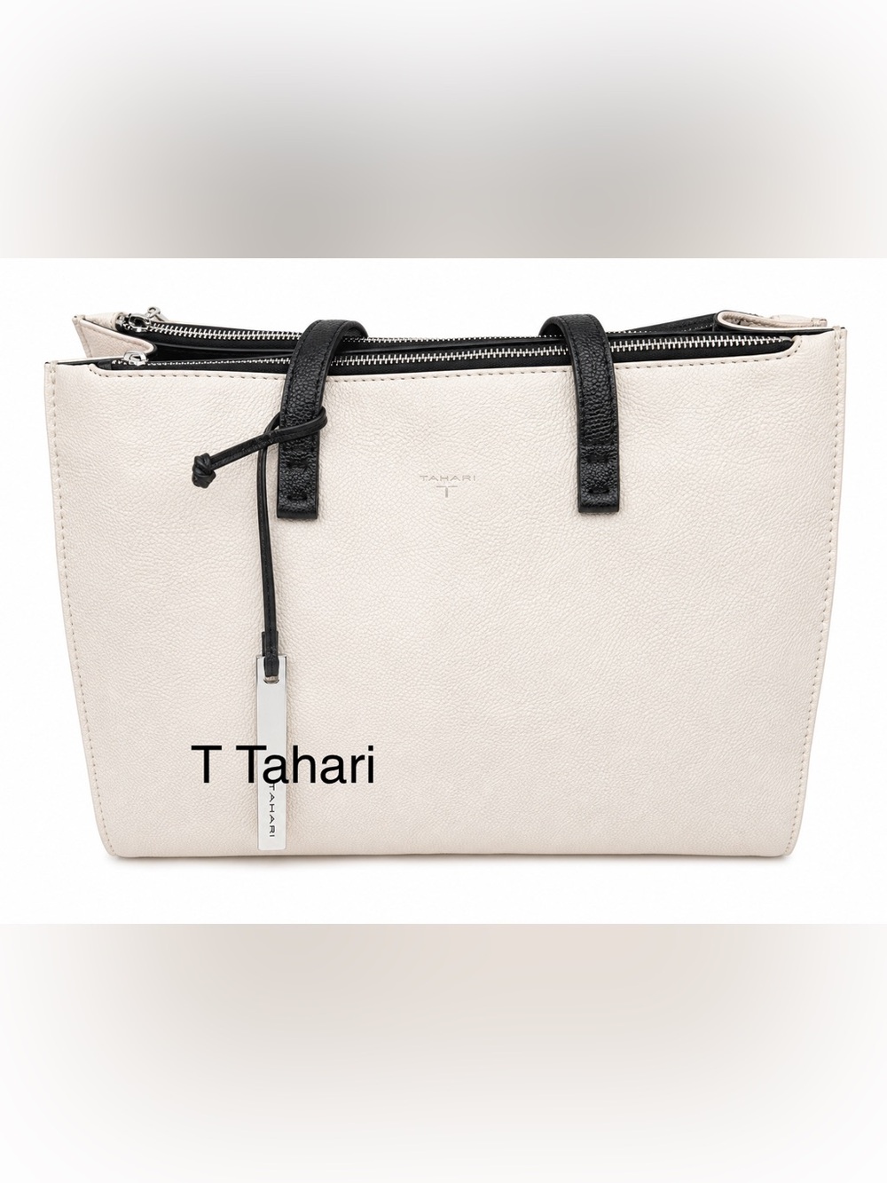 Tahari Cream Tan and Black Leather Zip-Top Tote‎